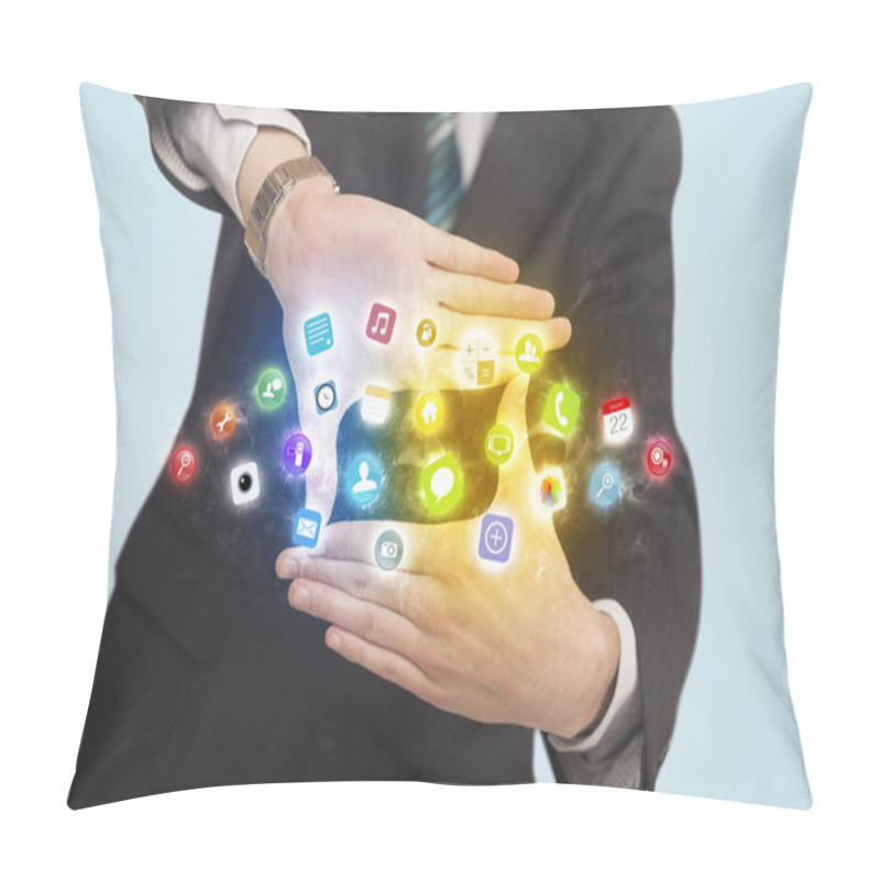 Personality  Hands Creating A Form With Mobile App Icons Pillow Covers