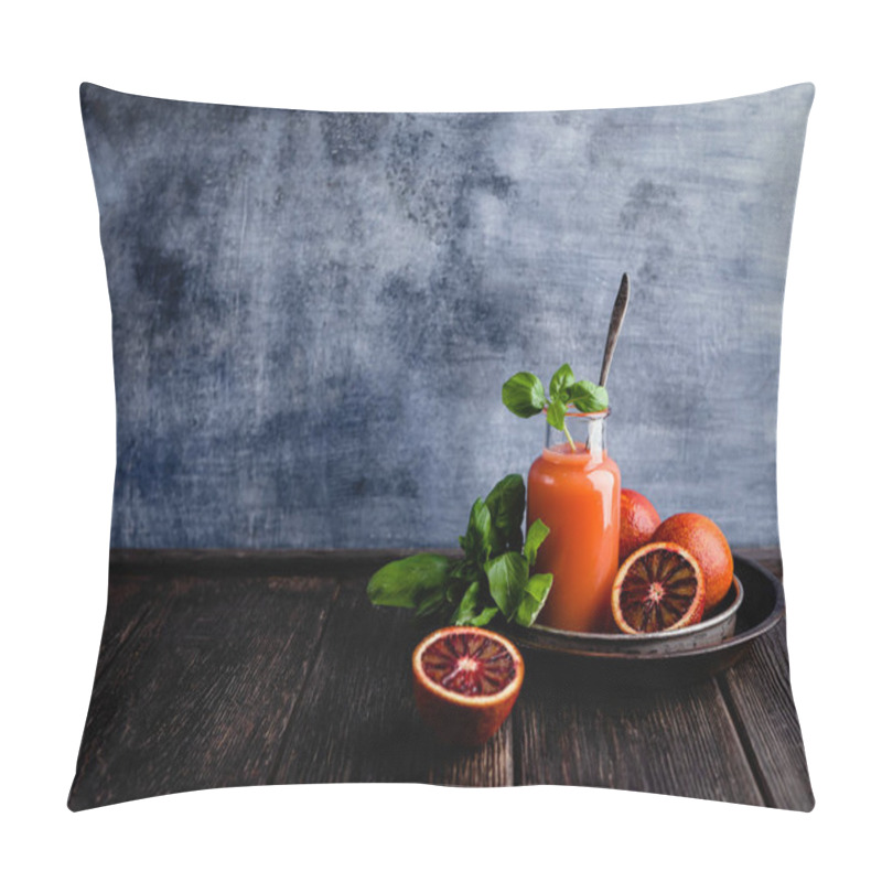 Personality  Organic Orange Juice With Basil Leaves On Wooden Background Pillow Covers