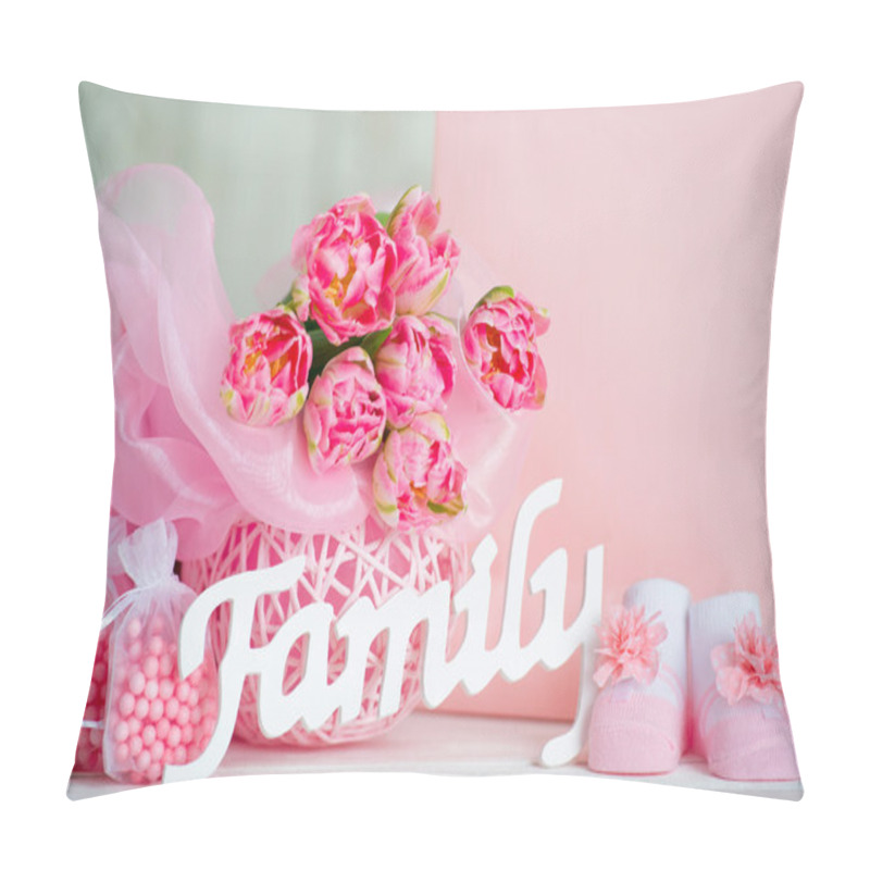 Personality  Pink Tulips, Baby Shoes And Family Sign Pillow Covers