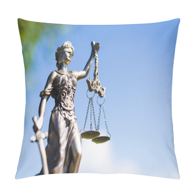 Personality  Sculpture Of Themis, Femida Or Justice Goddess On Bright Blue Sky Outdoors Copyspace Background Pillow Covers