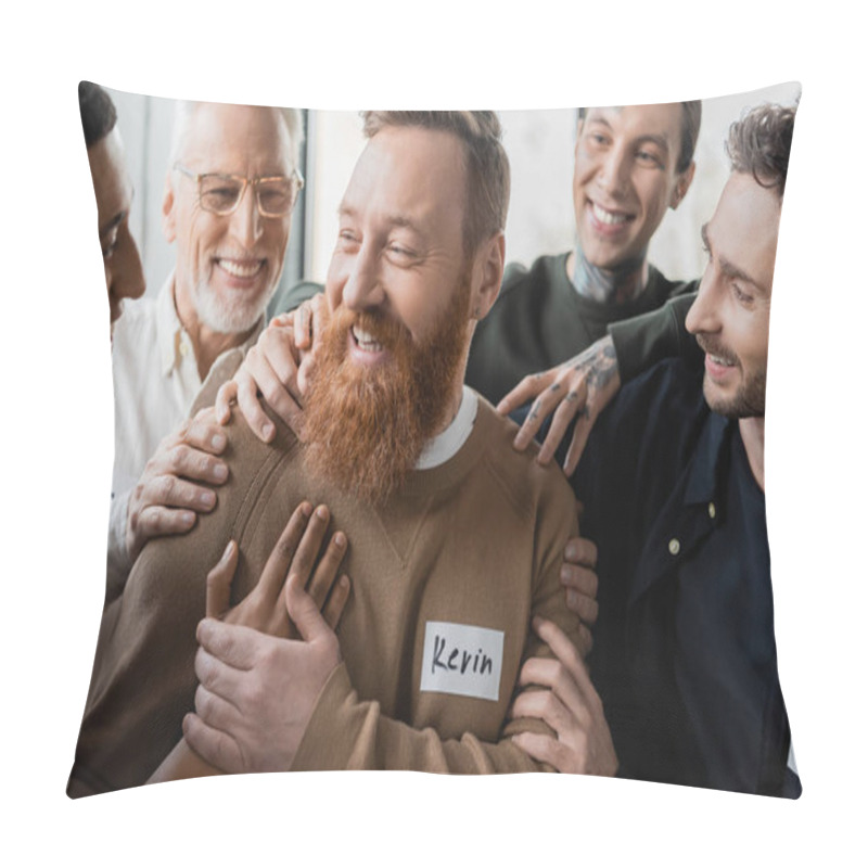 Personality  Interracial People Hugging Smiling Man During Alcoholics Therapy In Rehab Center  Pillow Covers