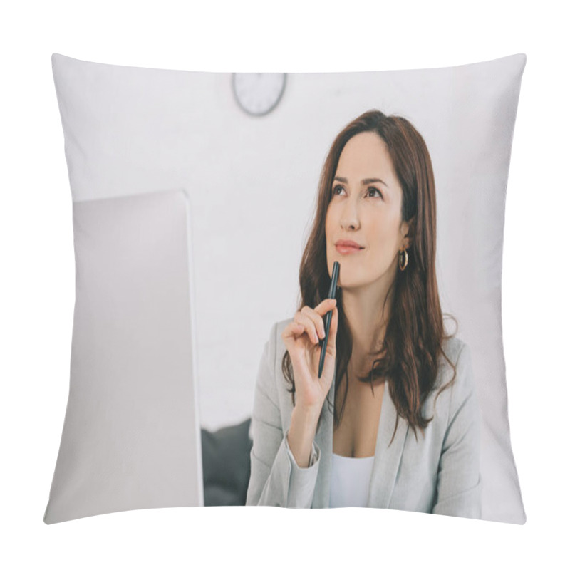 Personality  Beautiful, Dreamy Secretary Looking Away And Holding Pen While Sitting At Workplace Pillow Covers