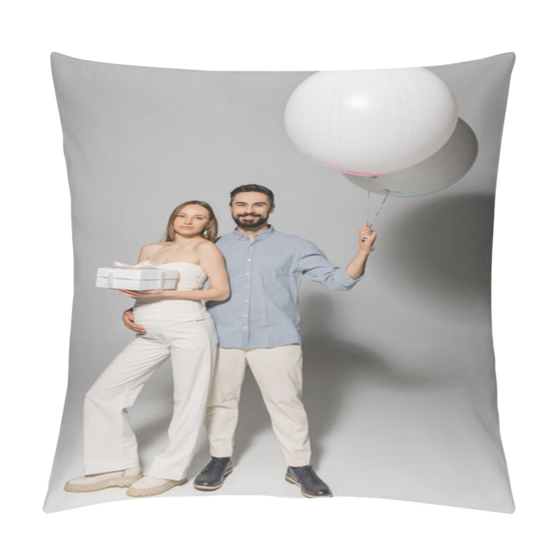 Personality  Full Length Of Positive Man Holding Festive Balloons And Hugging Trendy And Pregnant Wife With Gift Box While Standing Together During Baby Shower Party On Grey Background, Boy Or Girl  Pillow Covers