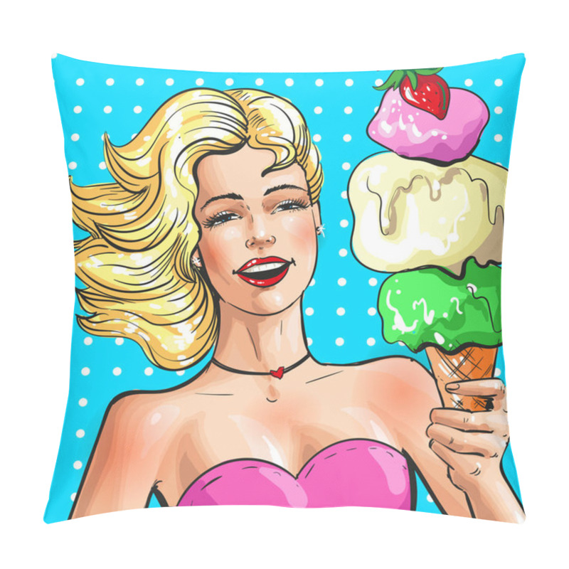 Personality  Vector Pop Art Illustration Of Beautiful Girl With Ice Cream Pillow Covers