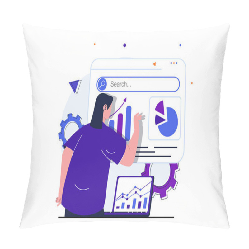 Personality  Sales Performance Modern Flat Concept For Web Banner Design. Woman Analyzes Financial Data On Dashboard, Works On Laptop And Studies Profit Statistics. Vector Illustration With Isolated People Scene Pillow Covers