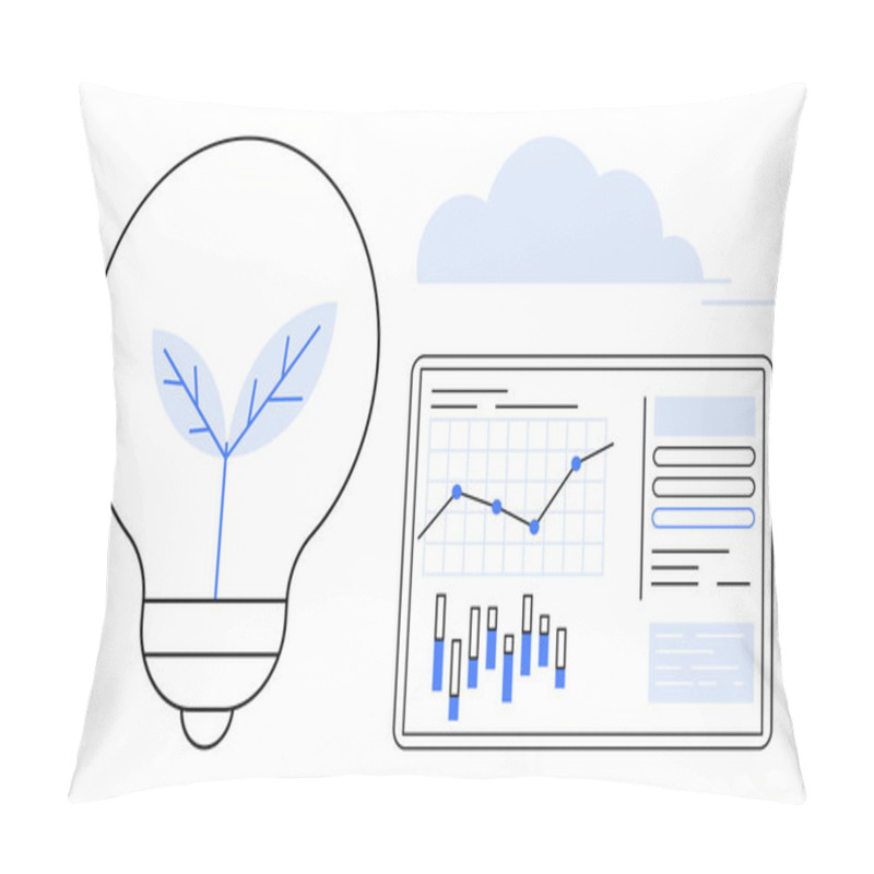 Personality  Lightbulb Containing Growing Leaf Next To Data Analytics Dashboard Displaying Various Charts And Graphs. Ideal For Sustainability, Eco-friendly Technology, Innovation, Business Growth, Data Analysis Pillow Covers