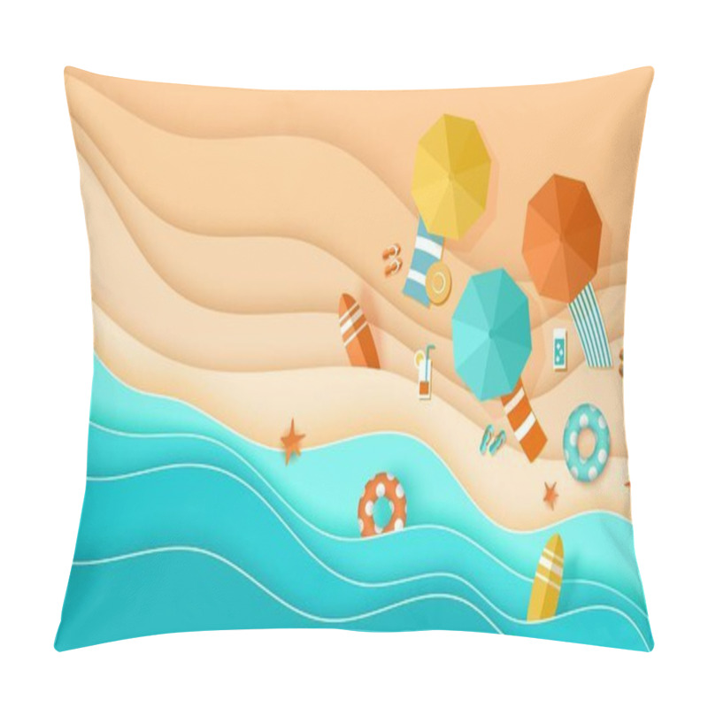 Personality  Beach Top View Background With Sea Waves, Sand, Umbrella, Deck Chair, Surfboard, Starfish, Ball, Cocktail, Beach Sandals, Lifebuoy Papercut, Place For Text, Paper Craft Aerial View Vector Pillow Covers