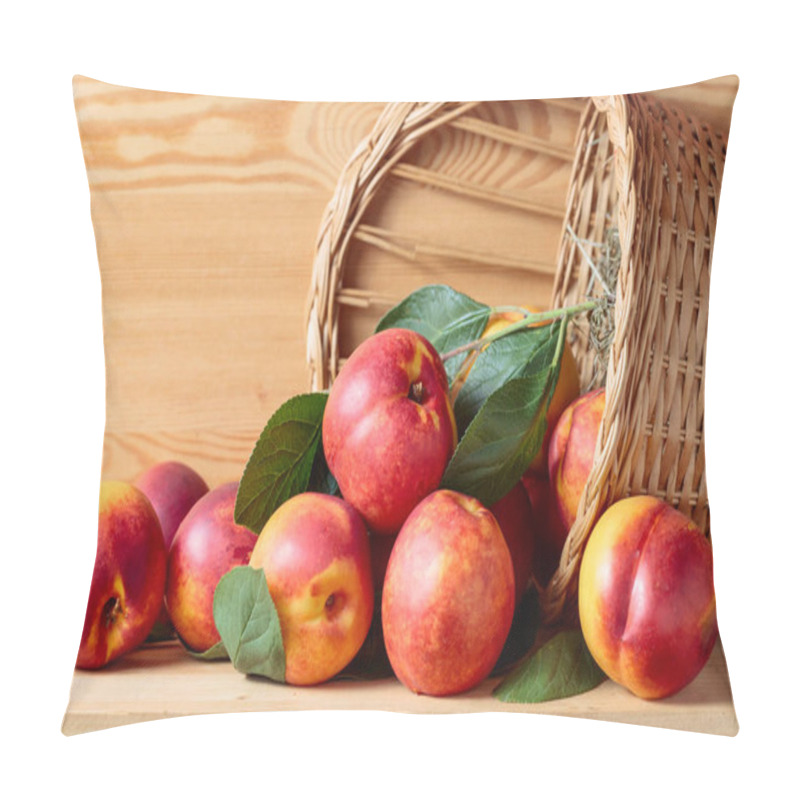 Personality  Nectarines With Leaves In A Wicker Basket On A Wooden Table. Pillow Covers