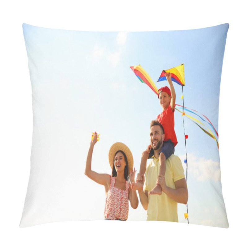 Personality  Happy Parents And Their Child Playing With Kites On Sunny Day. Spending Time In Nature Pillow Covers