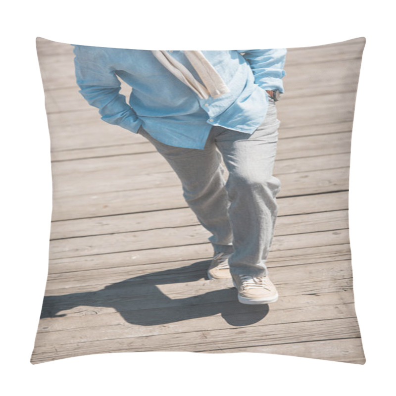 Personality  Casual Man Walking By Wooden Pavement Pillow Covers