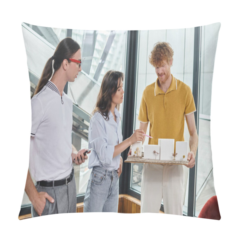 Personality  Highly Focused Colleagues In Smart Casual Wear Working On Scale Model Of Building, Design Bureau Pillow Covers