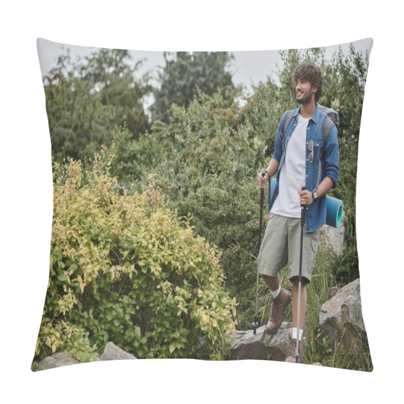 Personality  Happy Indian Man Walking With Backpack And Holding Hiking Sticks During Trekking, Wild Nature Pillow Covers