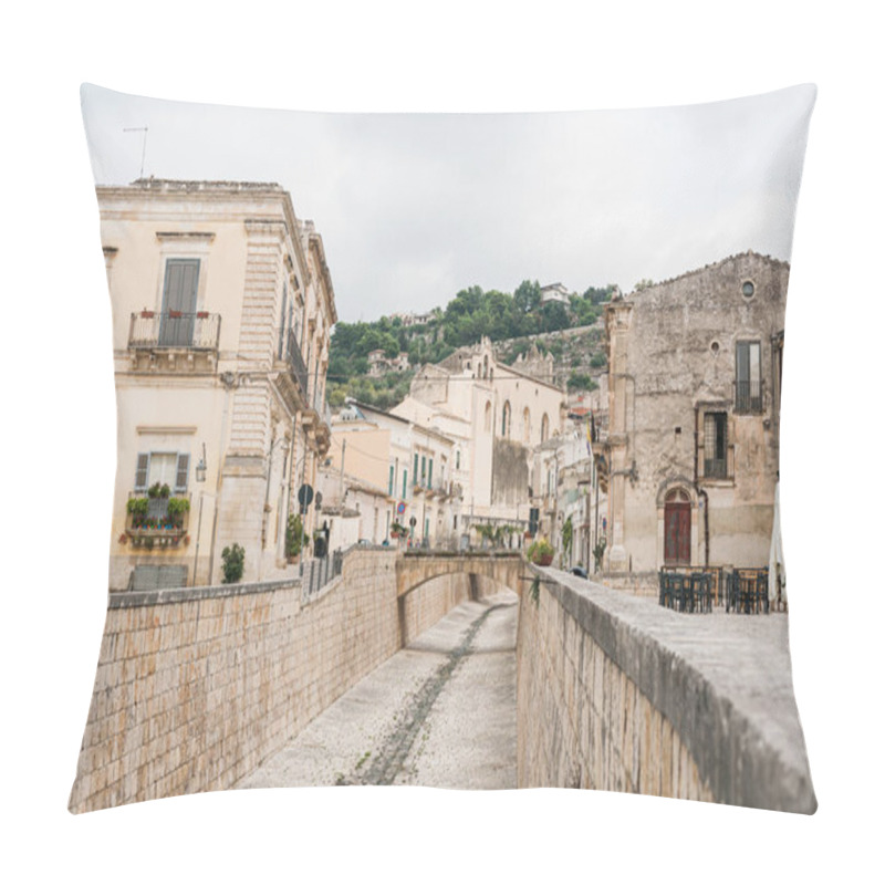 Personality  SCICLI, ITALY - OCTOBER 3, 2019: Street With Paving Stones On Road Near Old Church And Buildings In Scicli  Pillow Covers