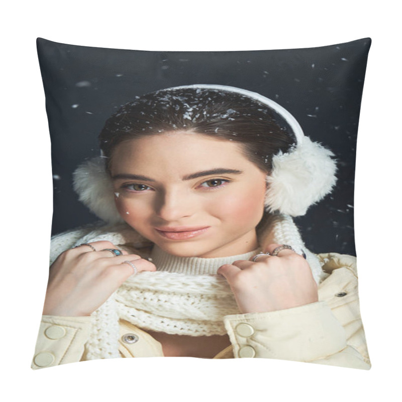 Personality  A Woman Smiles Warmly While Wearing Ear Muffs And A Cozy Scarf Against Falling Snowflakes. Pillow Covers