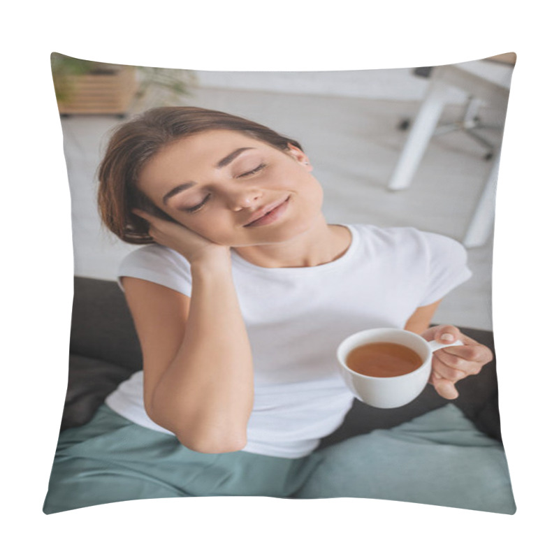 Personality  Young Dreamy Woman Holding Cup With Tea While Chilling On Sofa In Living Room  Pillow Covers