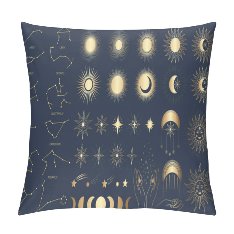 Personality  Hand Drawn Set Of Mystical Sun With Woman`s Face, Moon, Hand, Zodiac Symbol, Star In Line Art. Spiritual Celestial Space, Constellation, Horoscope, Astrology, Magic Galaxy Talisman Vector Illustration Pillow Covers