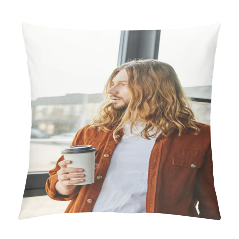 Personality  Dreamy, Long Haired And Bearded Entrepreneur In Casual Clothes Holding Paper Cup With Coffee, Standing Near Window And Looking Away, Cool Hipster Style Man In Modern Office Pillow Covers