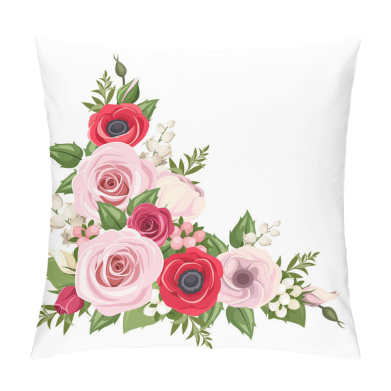 Personality  Red And Pink Roses, Lisianthus And Anemone Flowers And Lily Of The Valley. Vector Corner Background. Pillow Covers