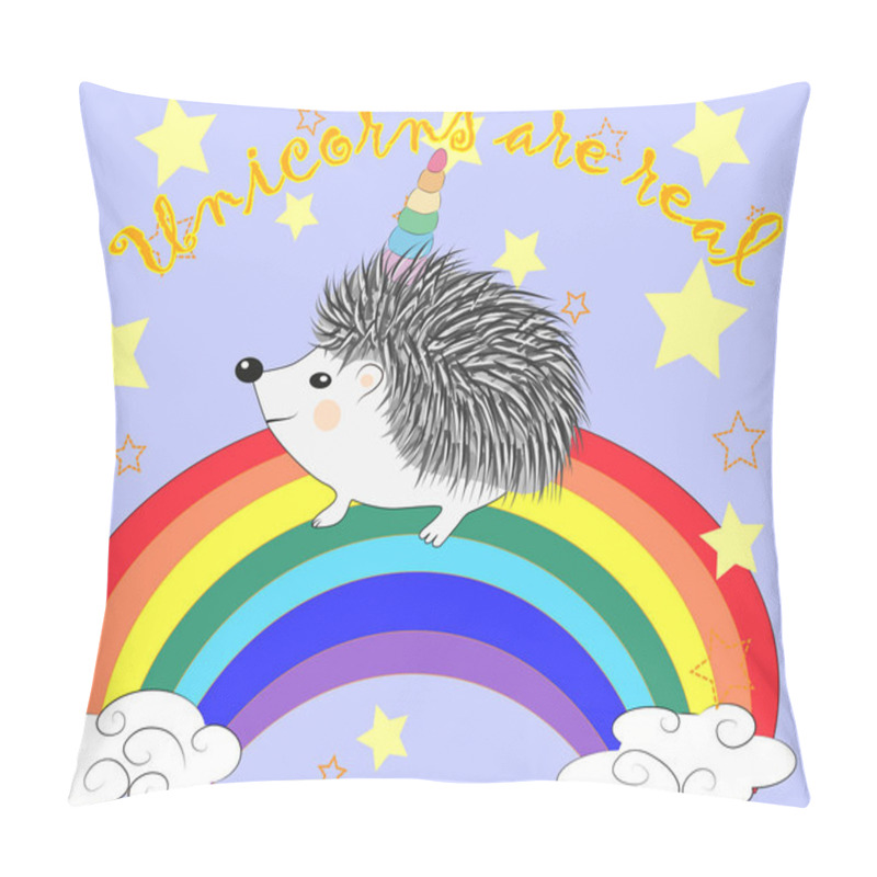 Personality  A Cute Cartoon Hedgehog With A Unicorn Horn On A Rainbow. Concept Everyone Can Be A Unicorn Pillow Covers