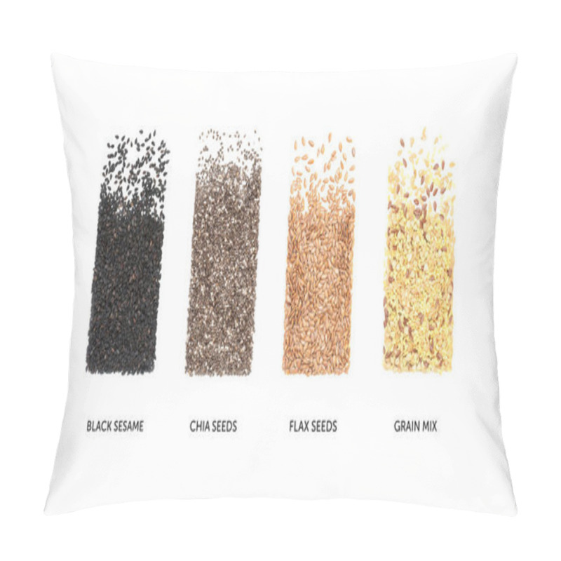 Personality  Set Of Various Grains Made Of Chia, Flax, Black Sesame Seeds And Grain Mix Isolated On White Background. Flat Lay. Top View Pillow Covers