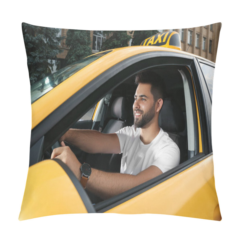 Personality  Handsome Taxi Driver In Car On City Street Pillow Covers