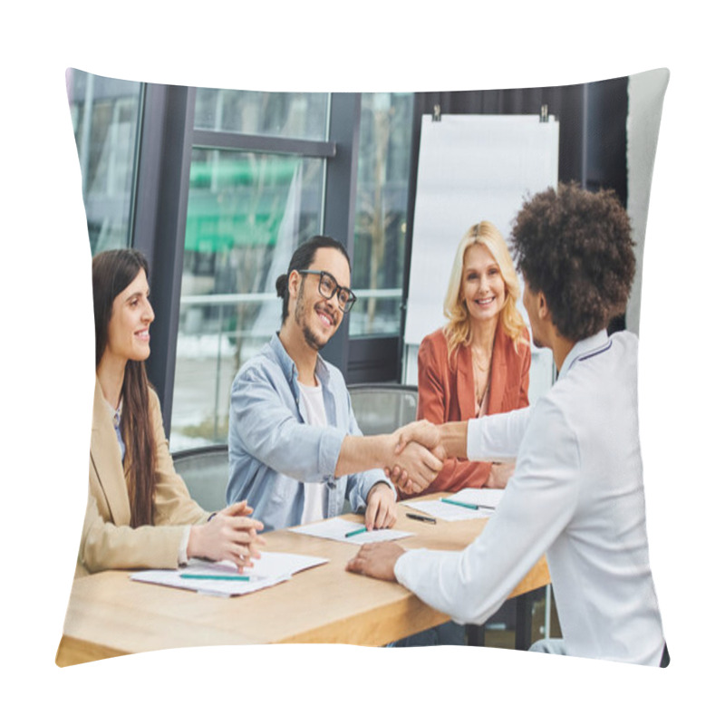 Personality  A Group Of Job Seekers Shaking Hands At A Table During A Successful Networking Session. Pillow Covers