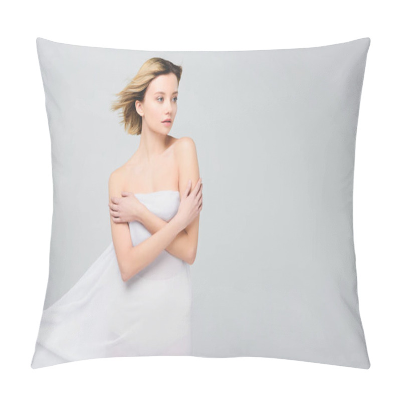 Personality  Nude Tender Girl Posing In Elegant White Veil, Isolated On Grey Pillow Covers