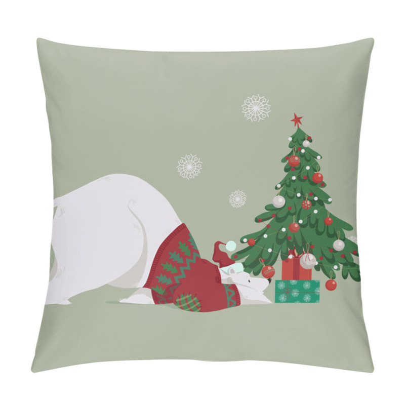 Personality  Christmas Polar Bear. Funny Cute White Bear With A Christmas Tree And Gifts. For Greeting Cards With Merry Christmas And New Year, Decor, Wrapping, And Packaging Design. Vector Illustration EPS 10. Pillow Covers