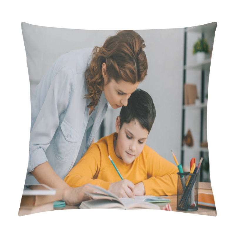 Personality  Beautiful Woman Standing Near Adorable Writing In Copy Book While Doing Schoolwork At Home Pillow Covers