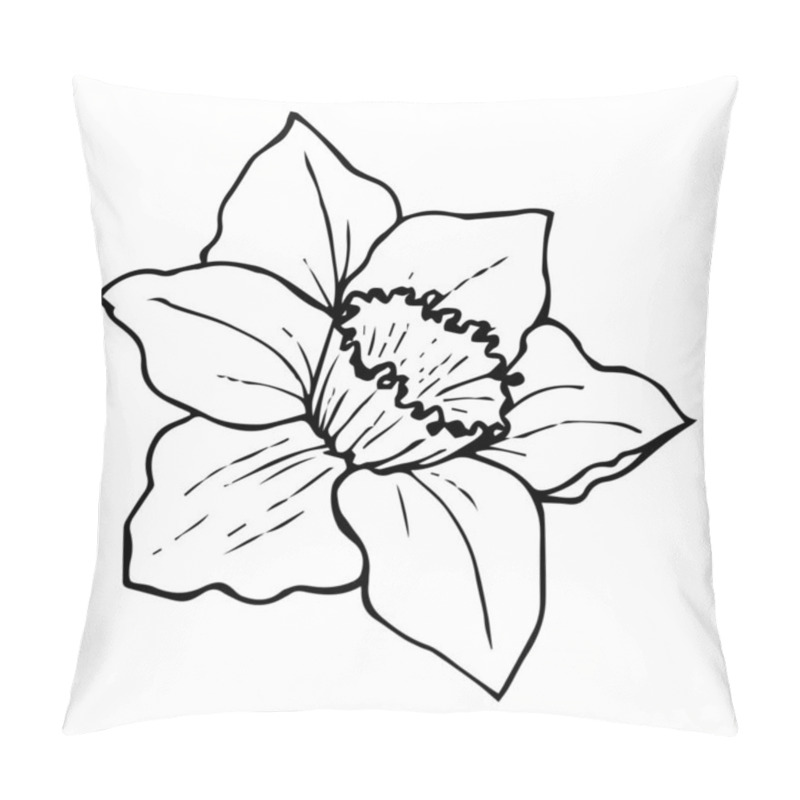 Personality  Flower Daffodil Contour Drawing Black Isolated On White Backgrou Pillow Covers