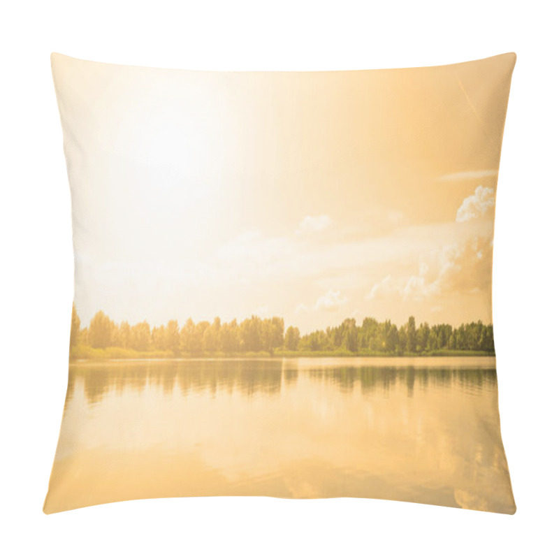 Personality  The Orange Sun Shines Over The Lake Near The Forest. Evening Landscap Pillow Covers