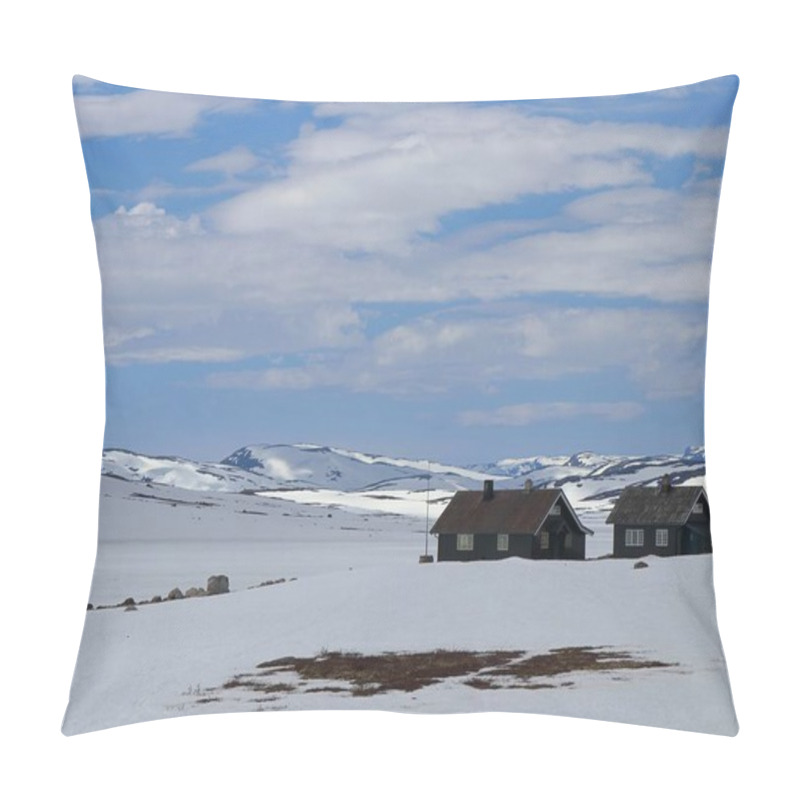 Personality  Two Dark Wooden Cabins Sit On A Vast, Snowy Plain With Surrounding Mountain Ranges Under A Partly Cloudy Sky At Hardangervidda National Park In Norway Pillow Covers