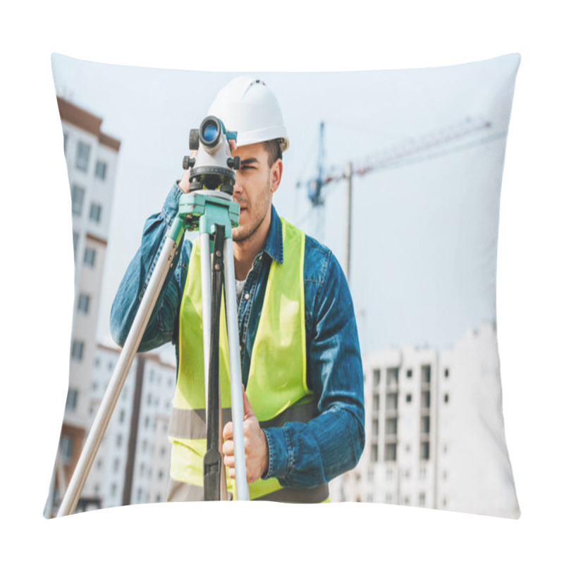 Personality  Surveyor Looking Throughout Digital Level On Construction Site  Pillow Covers