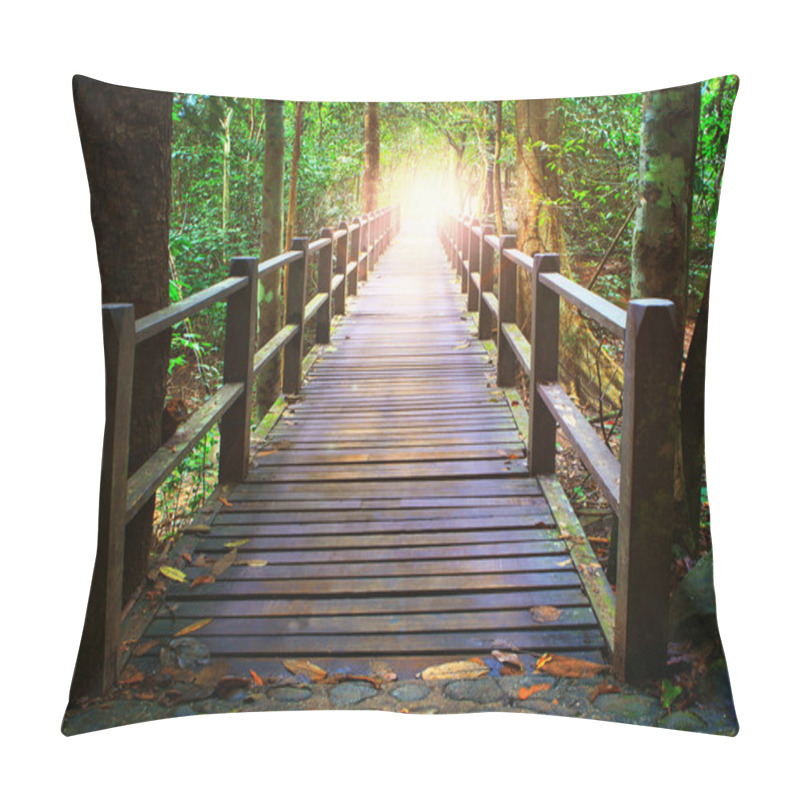 Personality  Perspective Of Wood Bridge In Deep Forest Crossing Water Stream Pillow Covers