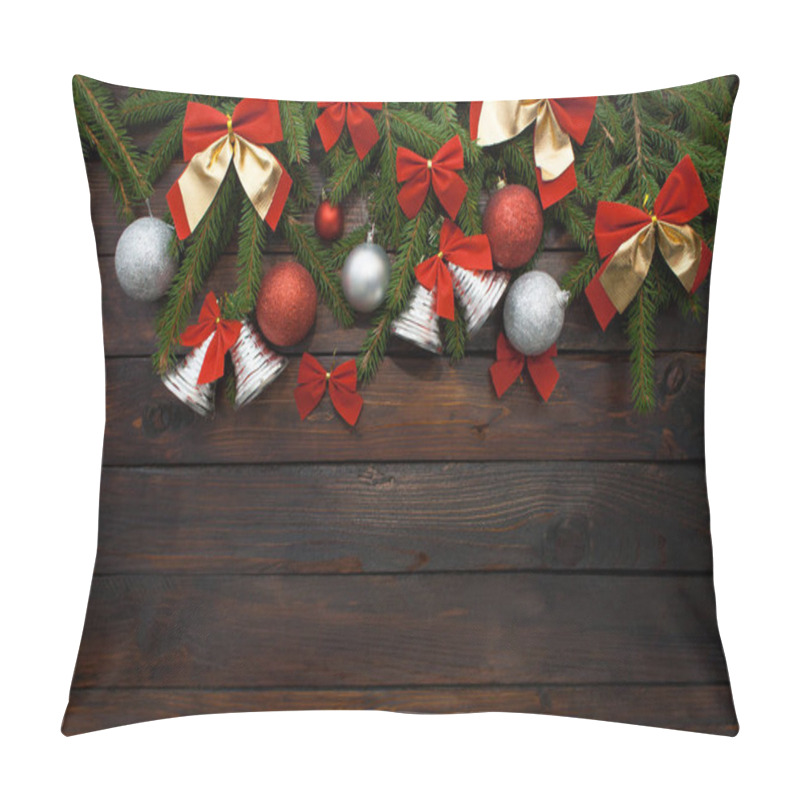 Personality  Green Living Spruce Branches On A Dark Wooden Background. New Year Background With Beautiful Balls And Red Bows And Bells. Top View Pillow Covers