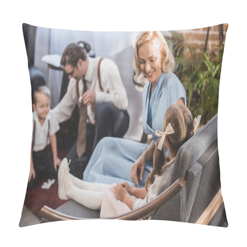 Personality  Happy Mother Looking At Cute Little Daughter Sitting On Sofa While Father With Son Playing Dominoes At Home, 1950s Style Pillow Covers