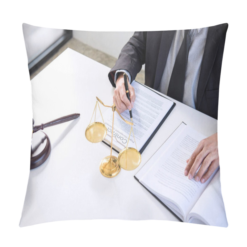 Personality  Judge Gavel With Justice Lawyers, Businessman In Suit Or Lawyer Working On A Documents. Legal Law, Advice And Justice Concept. Pillow Covers