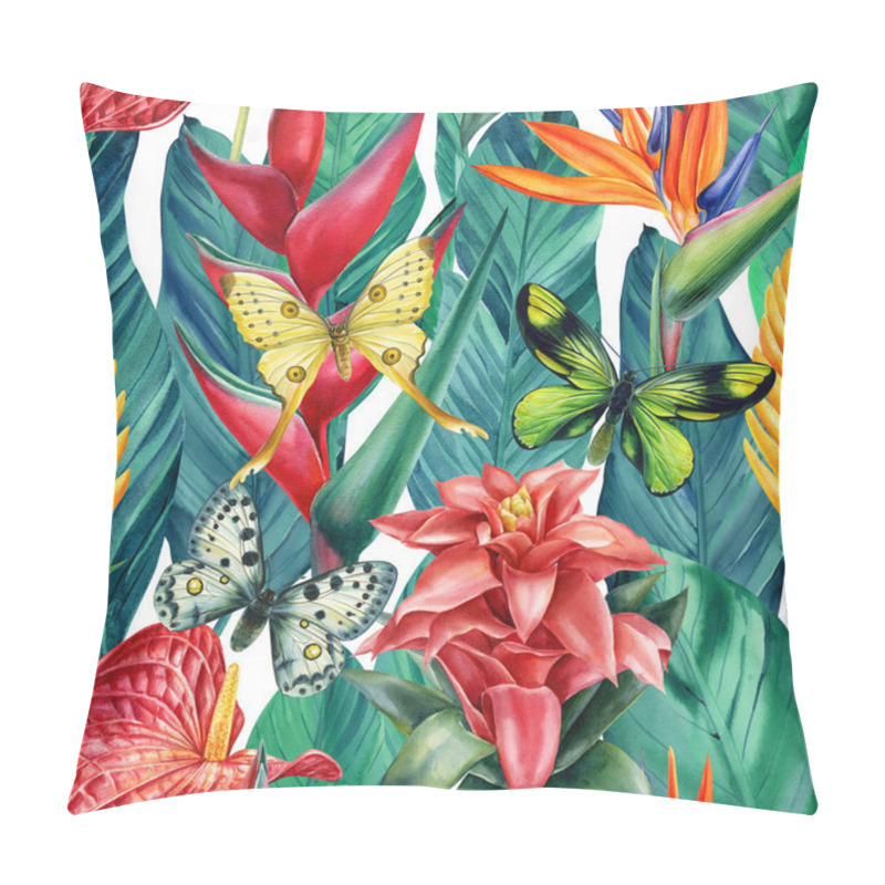 Personality  Seamless Pattern With Tropical Flowers Guzmania, Strelitzia, Heliconia,, Leaves And Butterfly, Watercolor Painting Pillow Covers