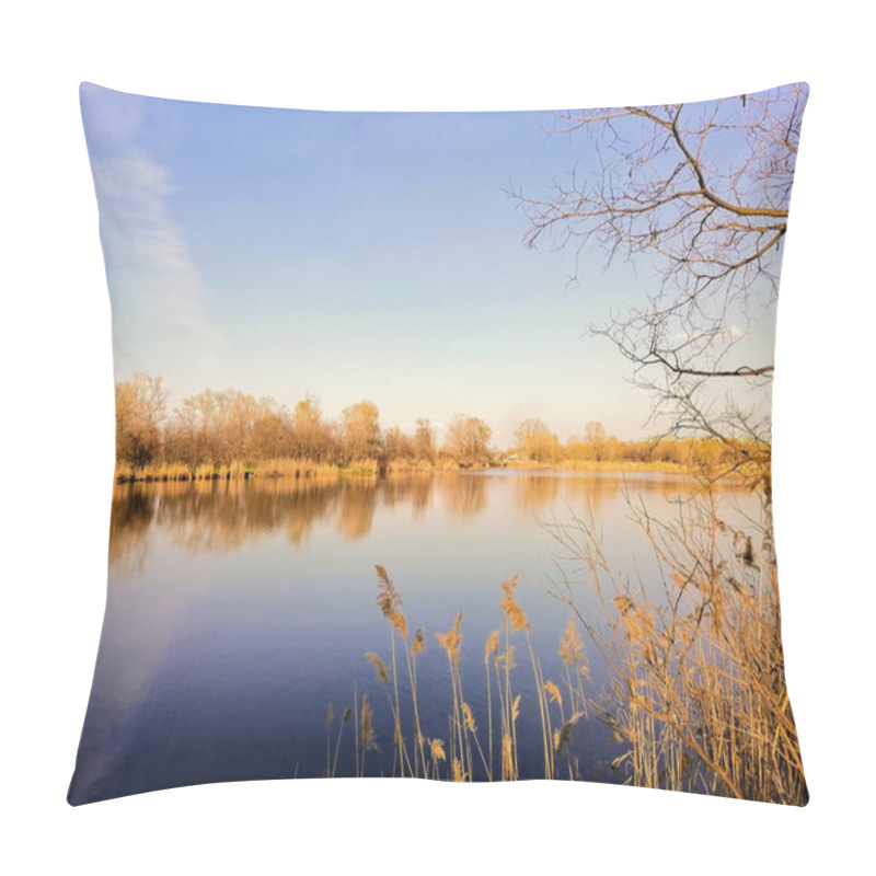 Personality  Autumn Landscape With Reflection Of Green Foliage In Blue Water Of Lake, Ukraine. Pillow Covers