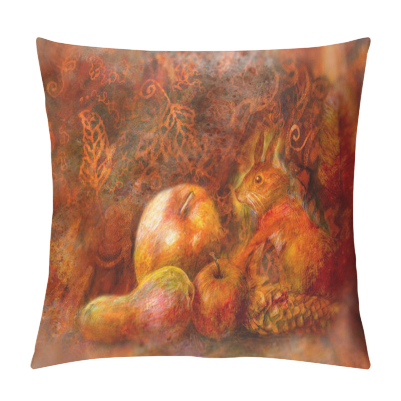 Personality  Fairy Tale Still Life With Squirrel And Autumn Fruits On Abstract Background Pillow Covers