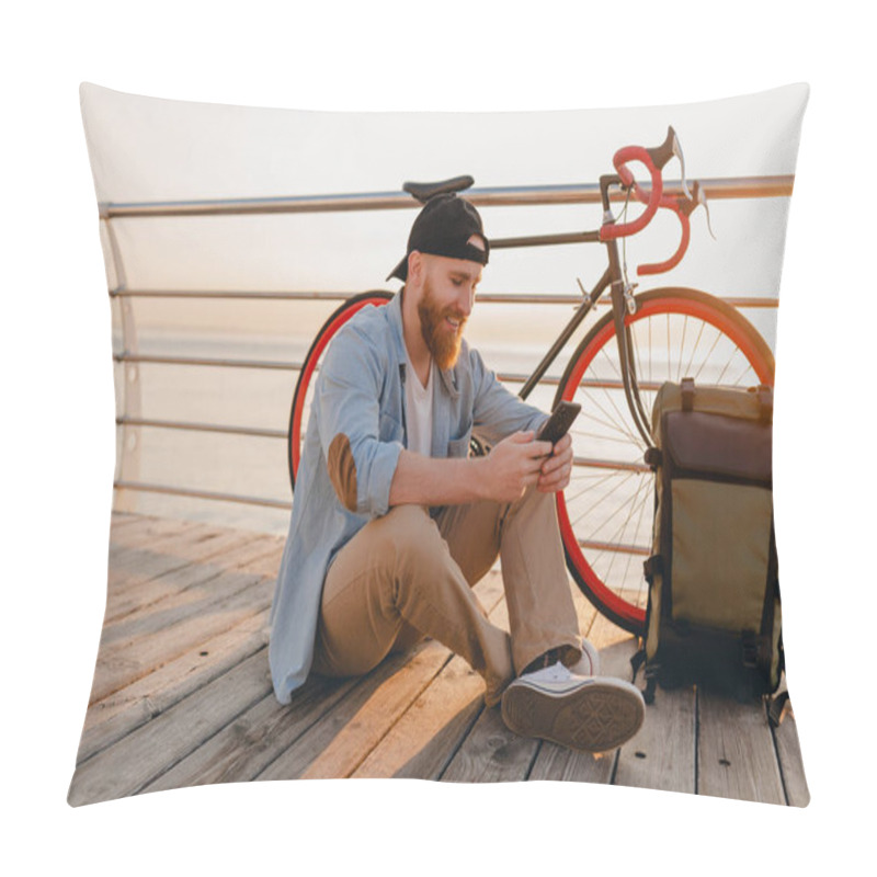 Personality  Handsome Hipster Style Bearded Man With Backpack Holding Smartphone Wearing Denim Shirt And Cap With Bicycle In Morning Sunrise By The Sea Healthy Active Lifestyle Traveler Backpacker Pillow Covers