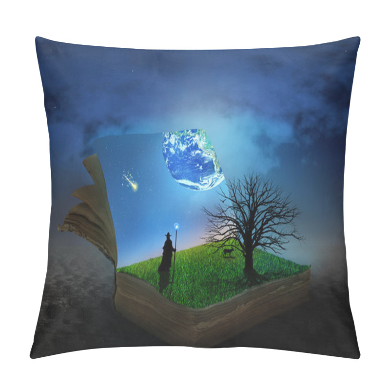 Personality  Concept Of Magic Book Covered With Grass And Tree. Wizard, Anima Pillow Covers