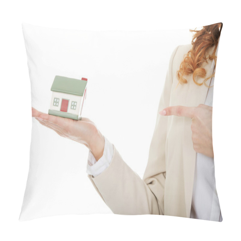 Personality  Businesswoman Pointing On A Model House. Pillow Covers