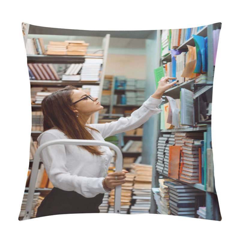 Personality  Young Attractive Female Librarian Worker Standing On The Ladder Checking Books, Their Condition And Presence Pillow Covers