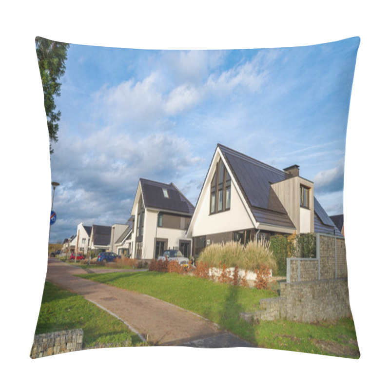 Personality  OLDENZAAL, NETHERLANDS - JANUARY 7, 2023: Modern New Houses In A Residential Area On A Beautiful Winter Day Pillow Covers