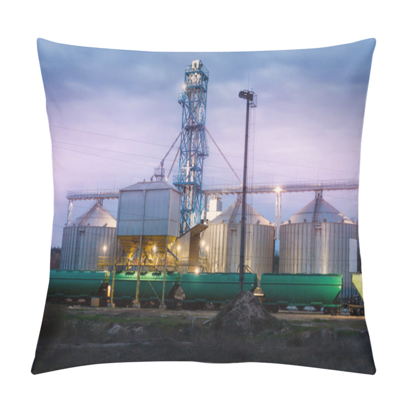 Personality  Modern Steel Agricultural Grain Granary Silos Cereal Storage Warehouse Loading Railway Cargo Carriage At Night Or Sunrise. Agribuisness Farmland Rural Industry Landscape Scene. Mill Store Facility Pillow Covers