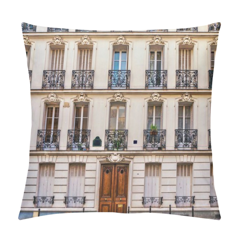 Personality  Street View Of The Elegant Facade Of An Old Apartment Building In A Residential Neighborhood Of Paris. Vintage Style Photo. Pillow Covers