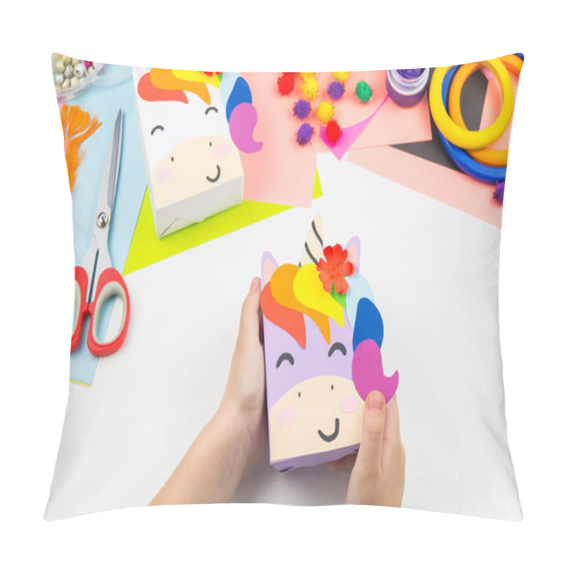 Personality  A Box With A Gift Inside In The Form Of A Rainbow Unicorn. Children's Paper Craft School Kindergarten. Party With A Surprise. Pillow Covers