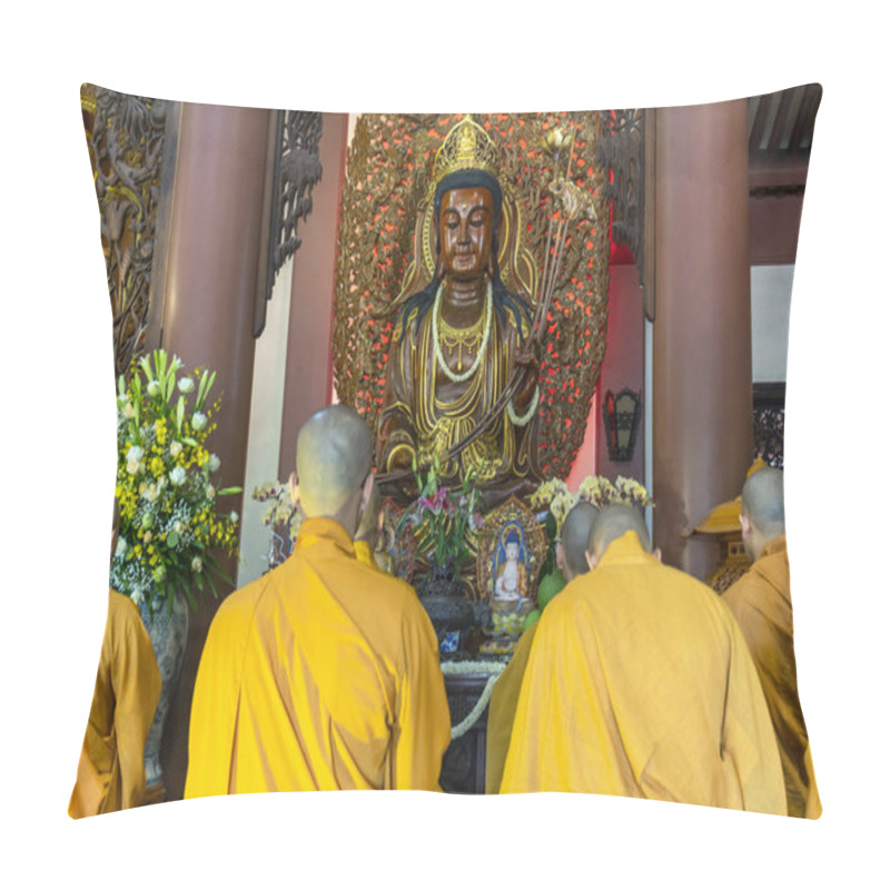 Personality  Ho Chi Minh City, Vietnam - May 29, 2018: Buddhist Monk Praying Buddha In Buddha's Birthday Celebrations Being Held In Temple Morning As A Ritual Of Traditional Culture In Ho Chi Minh City, Vietnam Pillow Covers