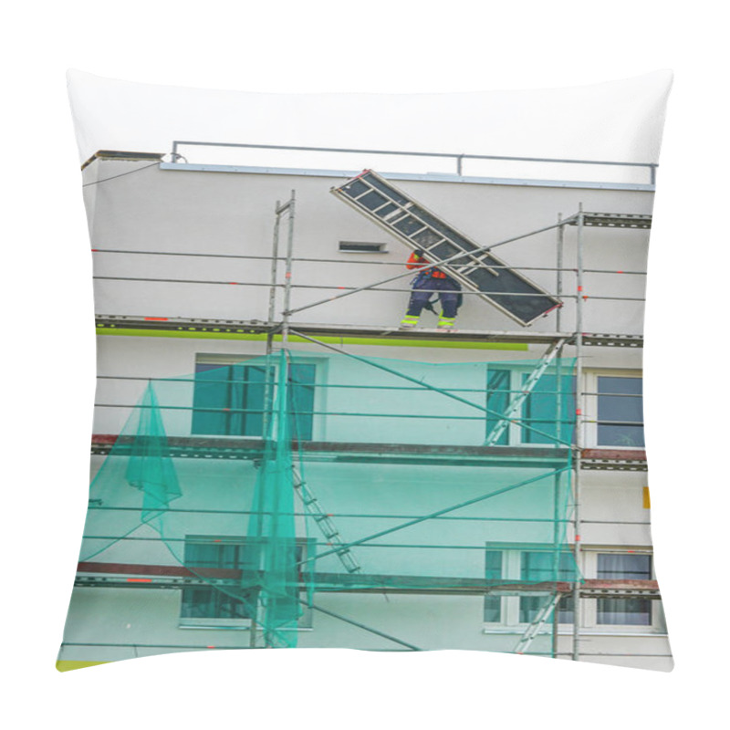 Personality  Demolition Of Scaffolding After Insulation And Renovation Of The Apartment House Facade Pillow Covers